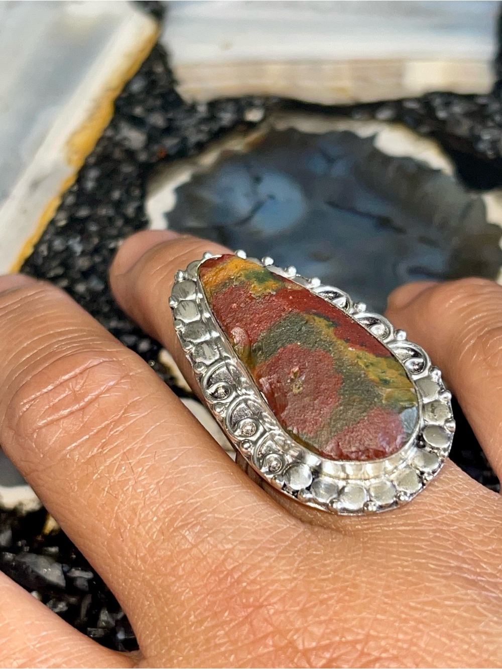 Raw Dragon Bloodstone Jasper Ring 8 1/2